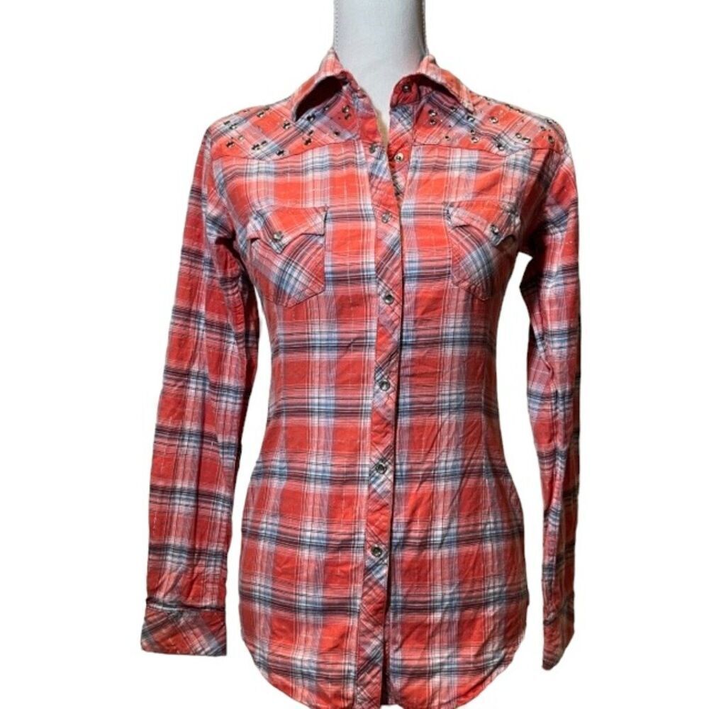 Panhandle Slim Western Plaid Shirt with Gem Buttons Embellishments Coral Size XS